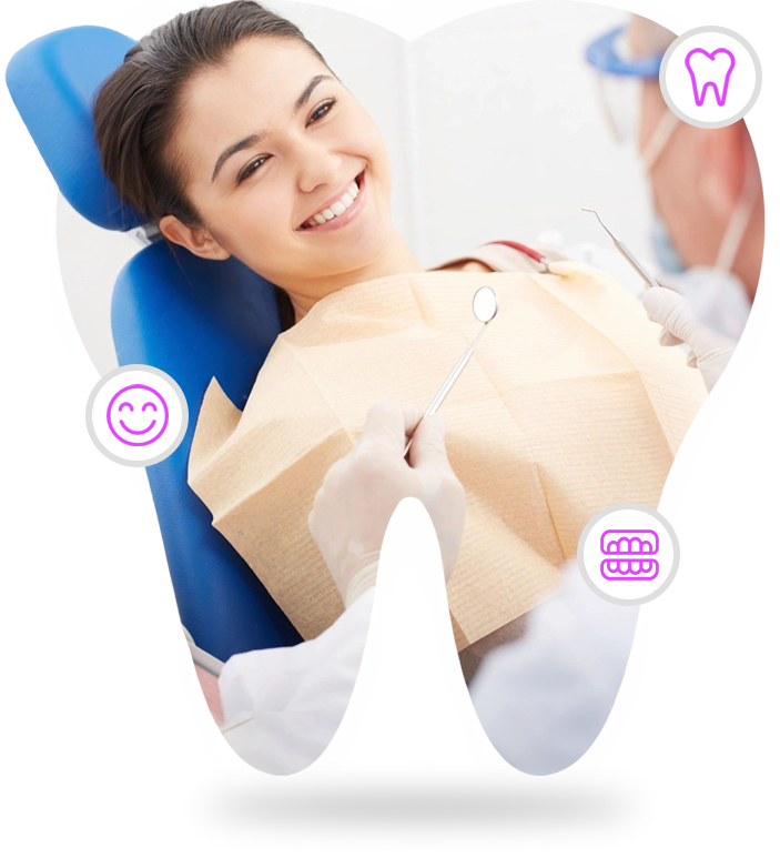 A woman sitting in the dentist chair holding an umbrella.